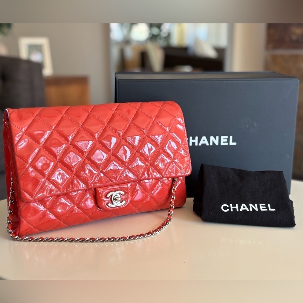 Gorgeous Chanel CC Quilted Patent Flap Clutch Chain Orange Silver Shoulder Bag - Picture 14 of 16
